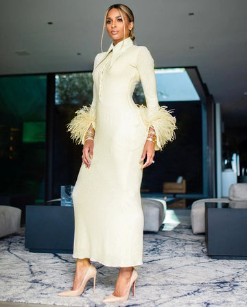 Woochic robe à plumes cintrée manches à plumes